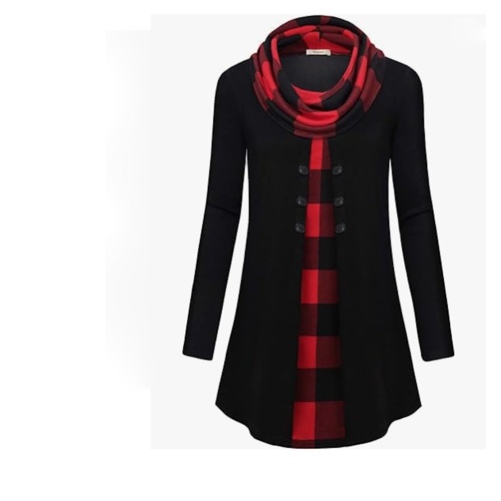 Bebonnie Buffalo Check Long Slv Cowl Neck Warm Splicing Tunic Top with Buttons - Picture 2 of 14